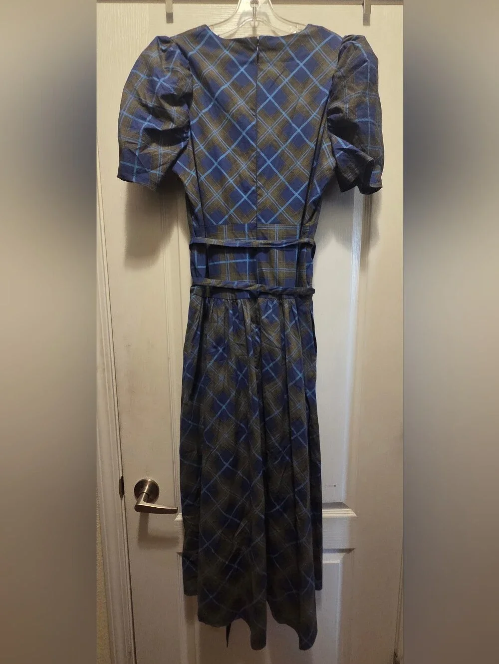 NWT Avec Les Filles Plaid Puff Sleeve Tie Belt Midi Dress - Size 12